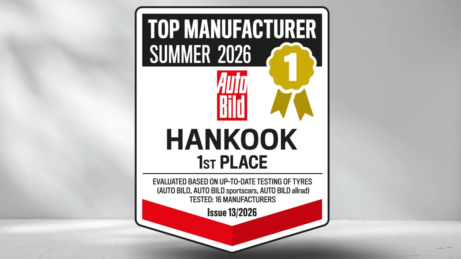 The Auto Bild Top Manufacturer Summer 2026 award certificate presented to Hankook Tire