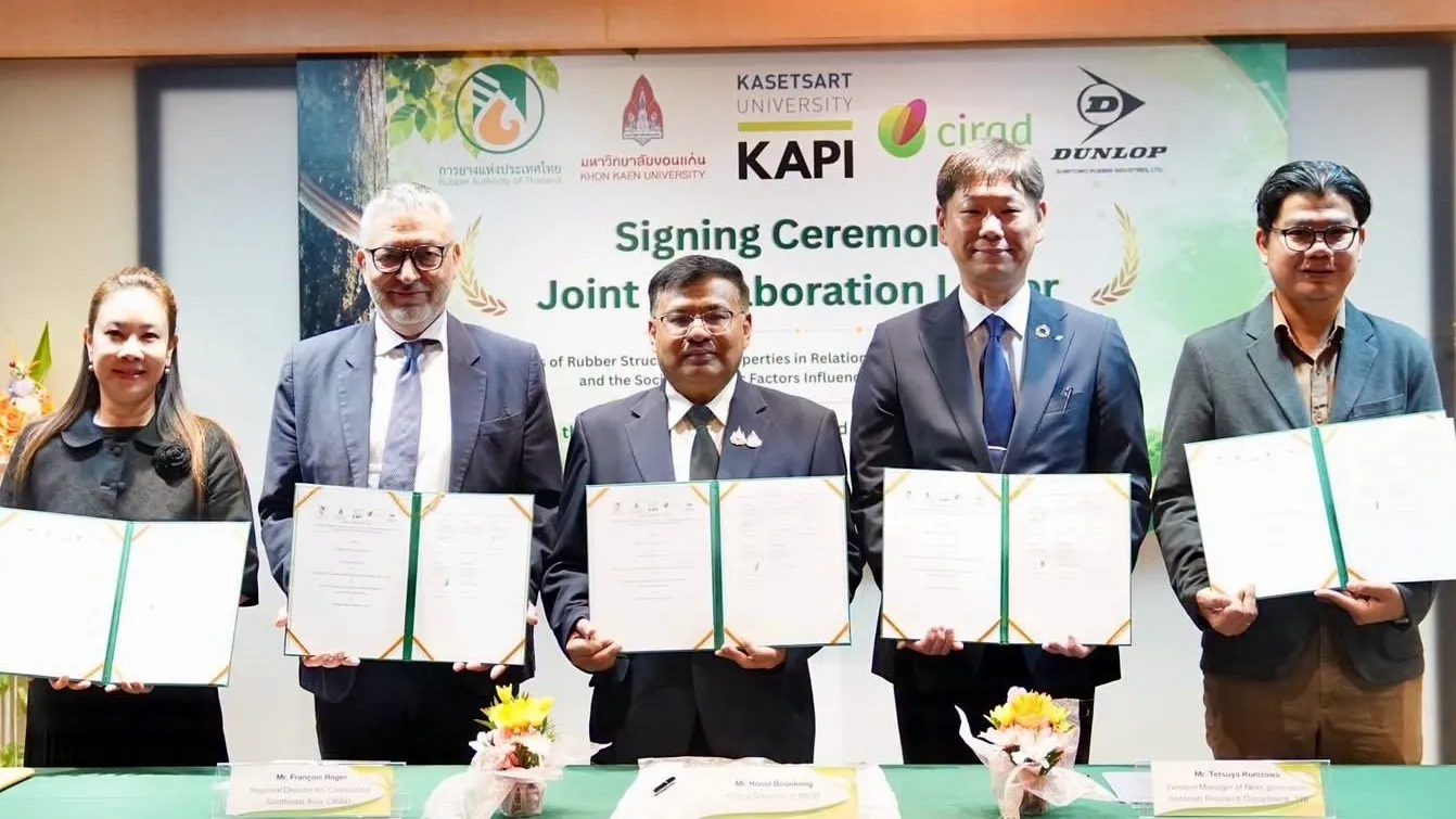 Sumitomo Rubber's joint agreement with RAOT, CIRAD, and Thai universities. (Photo: Sumitomo Rubber Industries)